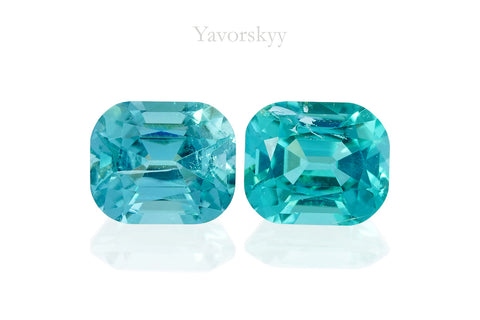 Matched pair blue green tourmaline cushion 0.7 carats front view