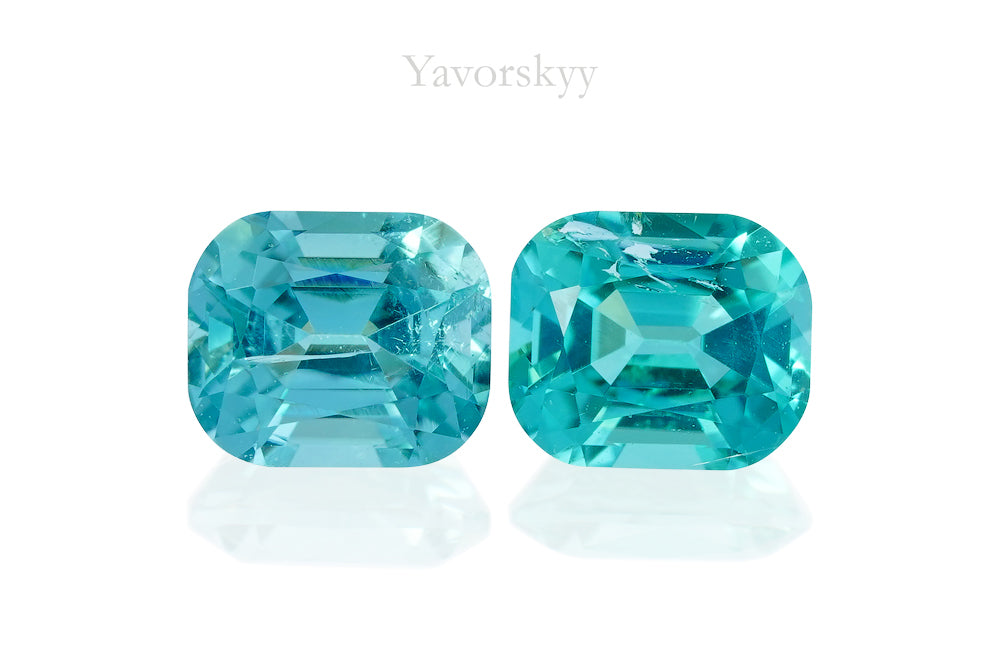 Matched pair blue green tourmaline cushion 0.7 carats front view