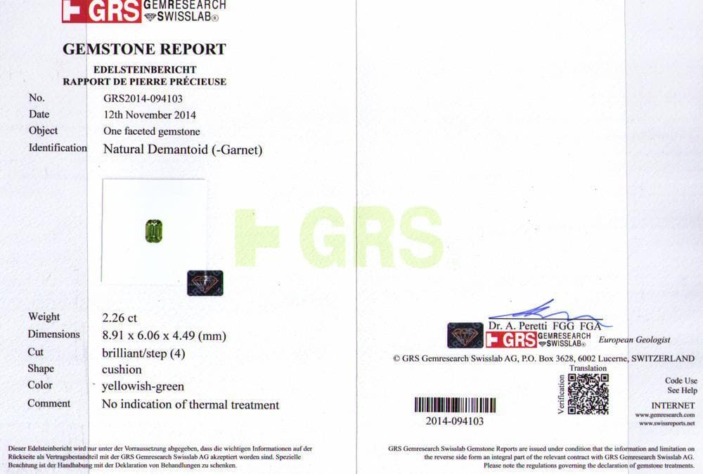 The GRS certificate of demantoid 2.26 cts