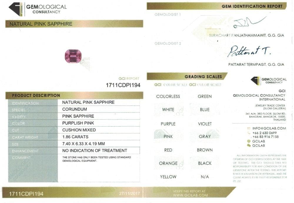 Front view picture of 1.86 ct pink sapphire cushion