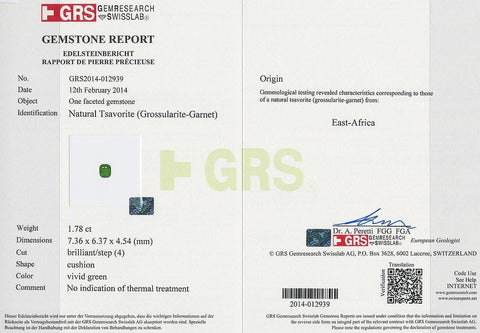 The GRS certificate picture of green tsavorite 1.78 cts