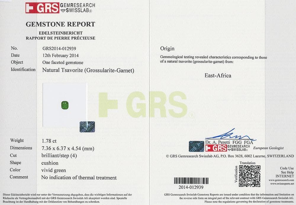 The GRS certificate picture of green tsavorite 1.78 cts