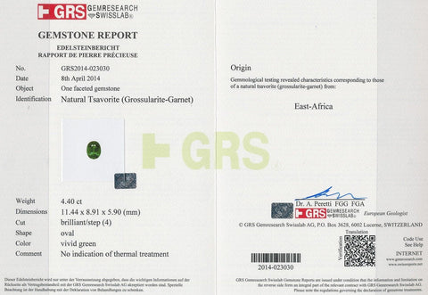 Picture of certificate of tsavorite 4.4 cts