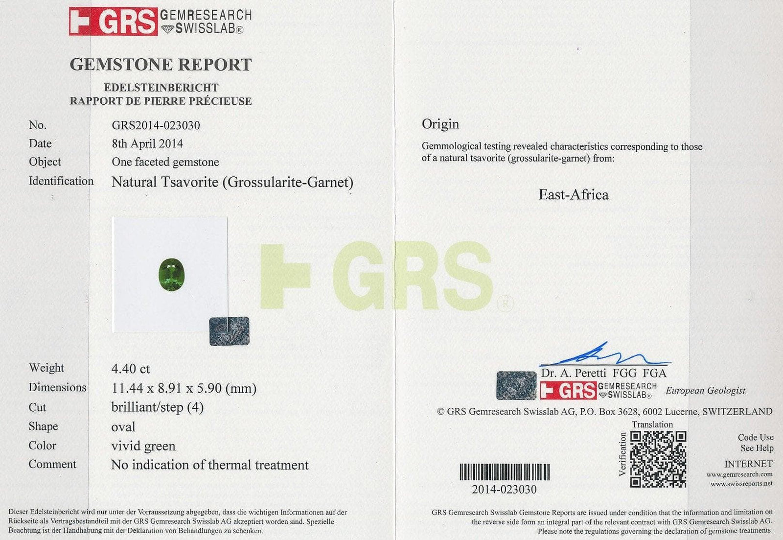 Picture of certificate of tsavorite 4.4 cts