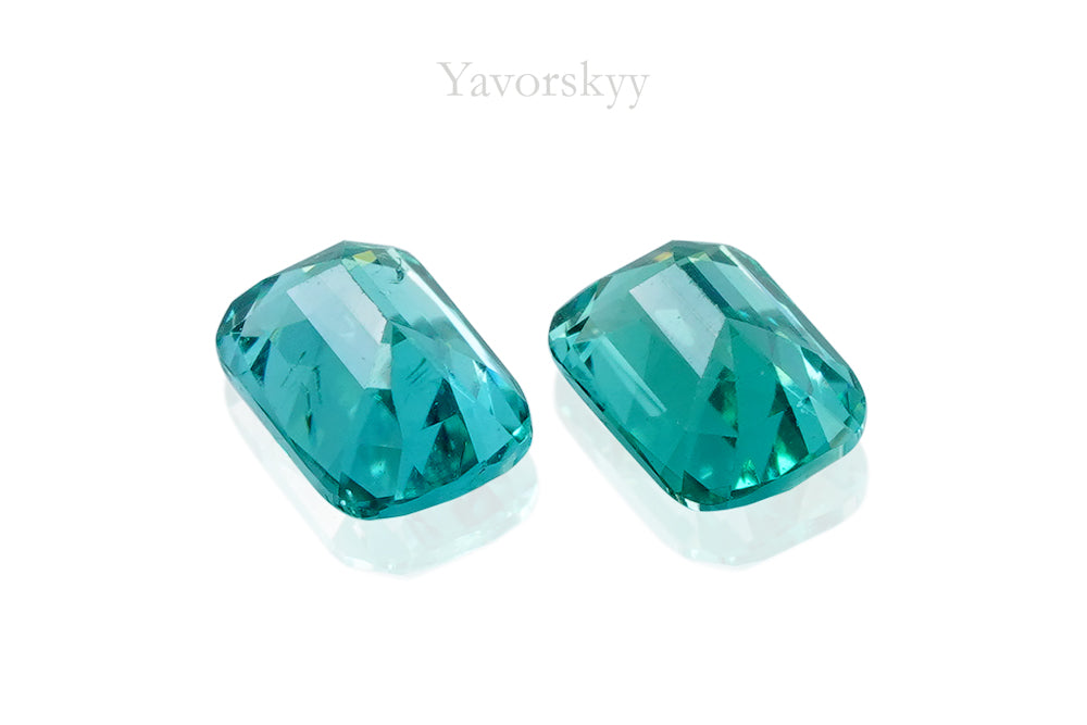 Bottom view photo of blue green tourmaline pair 0.75 cts cushion