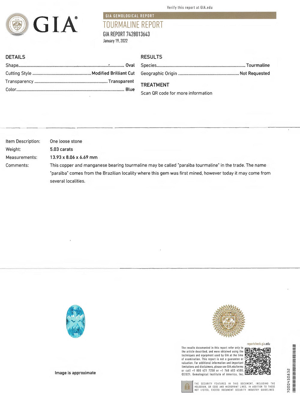 “Eleuthera” Paraiba Tourmaline 5.03 cts