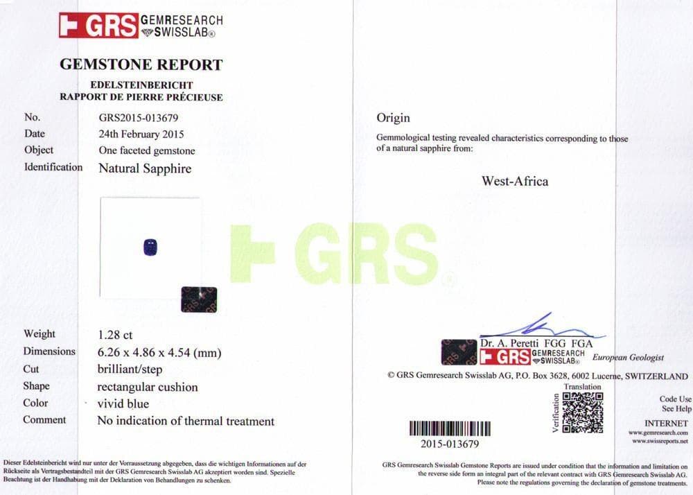 Certificate of 1.28 cts sapphire