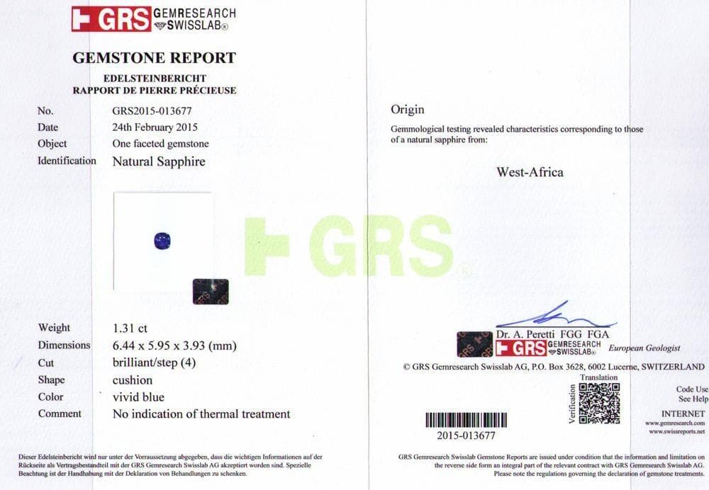 A certificate image of 1.31 cts sapphire