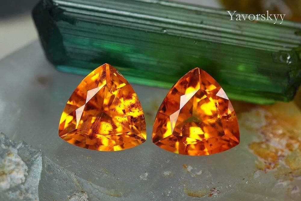 Match pair of clinohumite trillion 2.64 carats front view picture