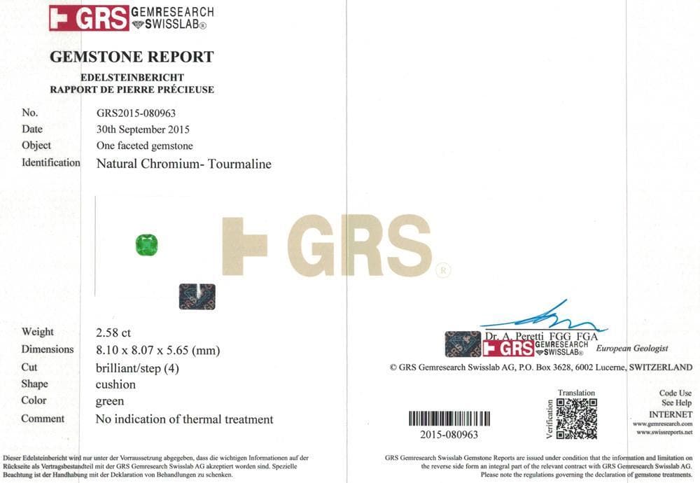 Picture of certificate of 2.58 cts green tourmaline