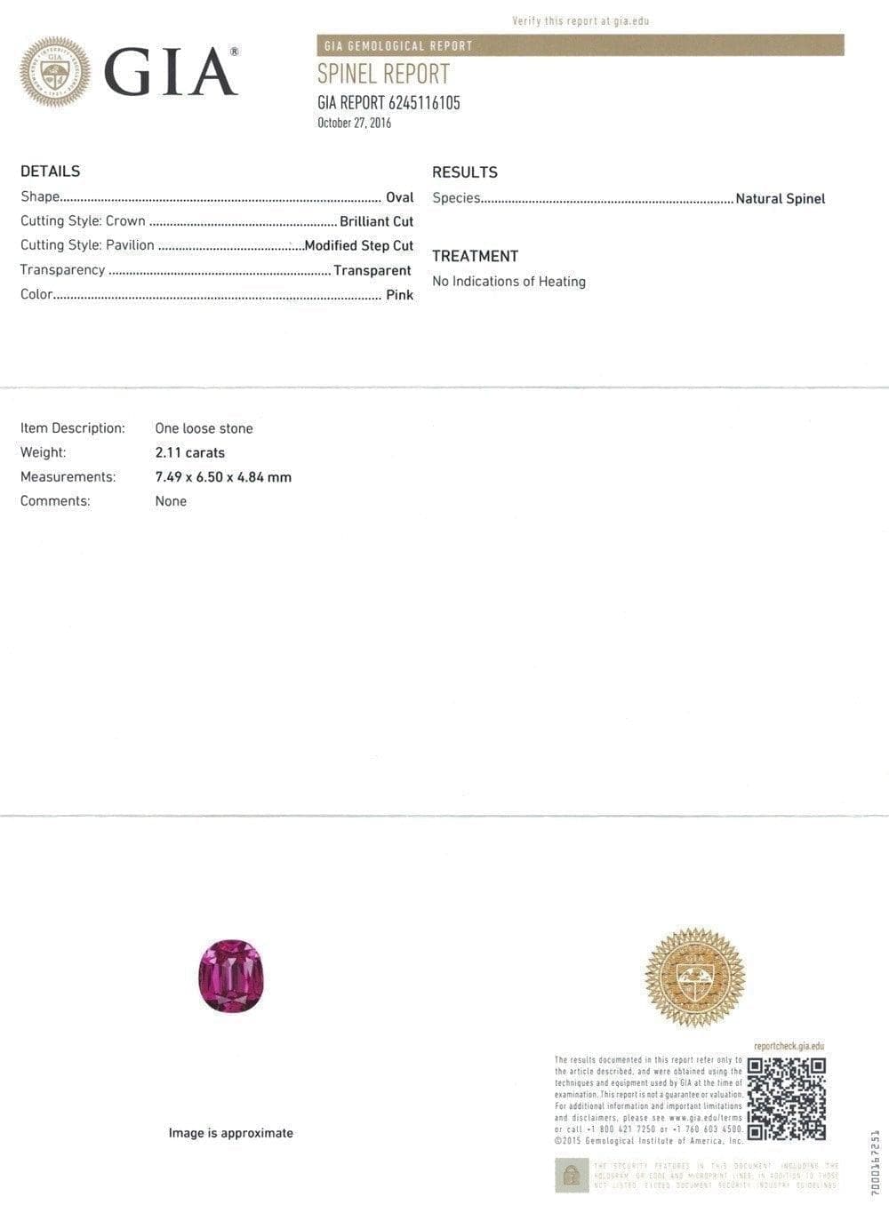 Image of certificate of 2.11 cts spinel
