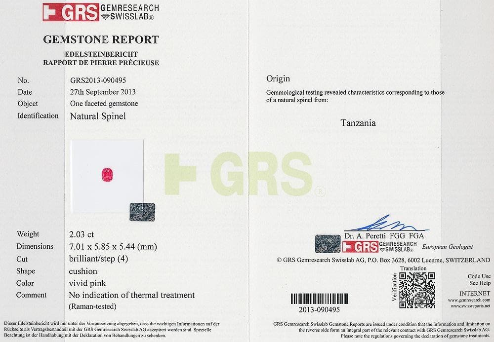 The GRS certificate picture of spinel 2.03 cts