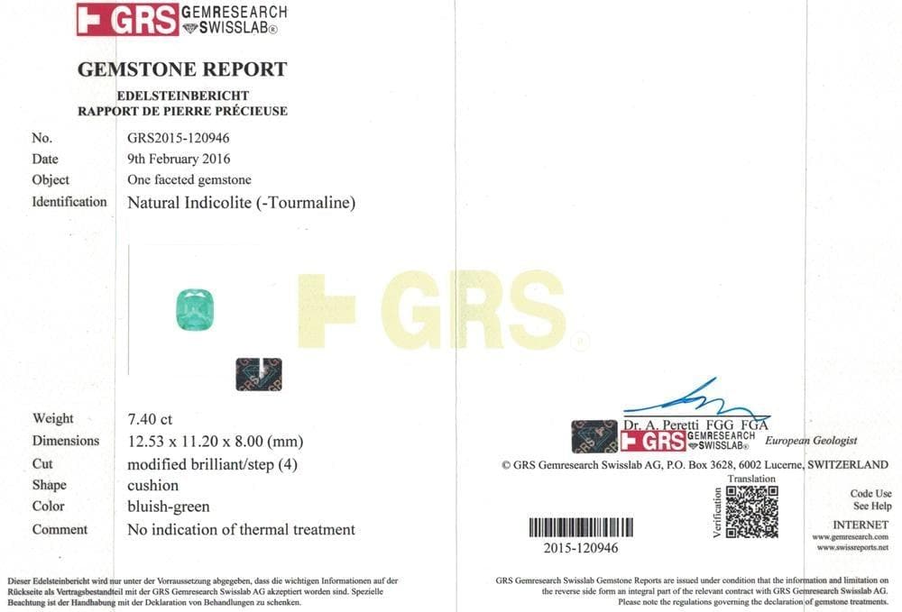 A GRS certificate picture of 7.4 cts green tourmaline