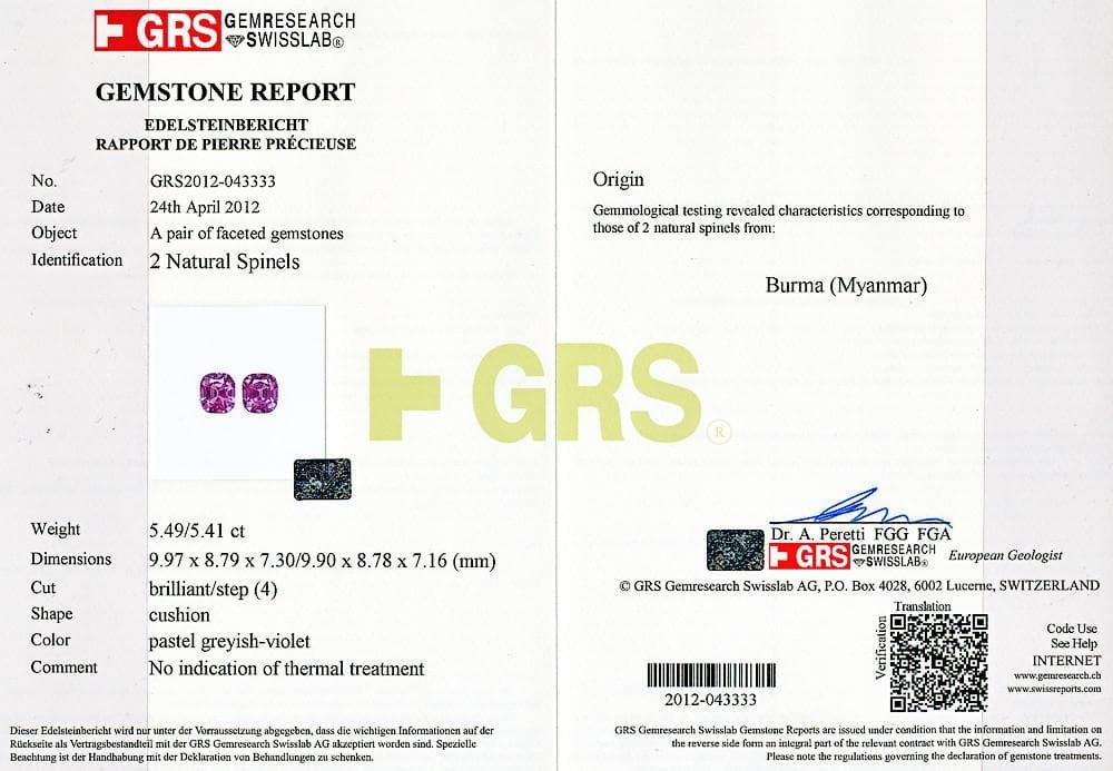 Photo of GRS certificate of 10.9 cts violet spinel