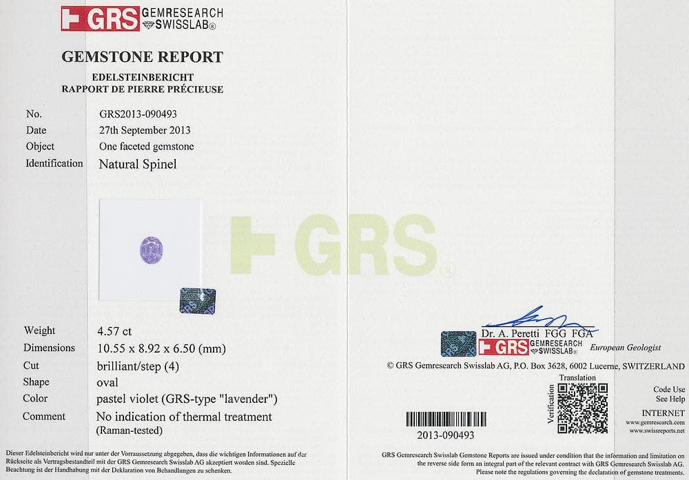 Picture of GRS certificate of 4.57 cts lavender spinel