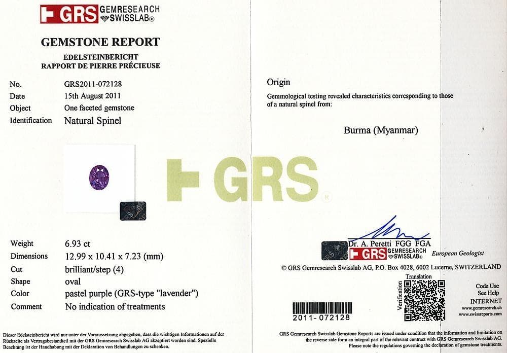 Picture of GRS certificate of 6.93 cts spinel