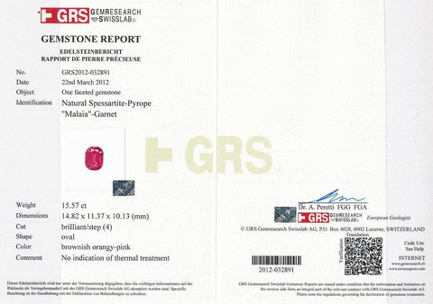 The GRS certificate of malaia garnet 15.57 cts