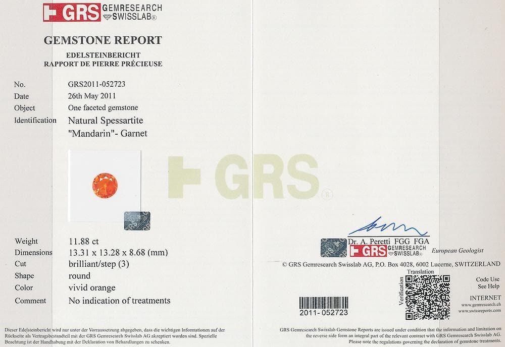 A GRS certificate photo of 11.88 cts mandarin garnet