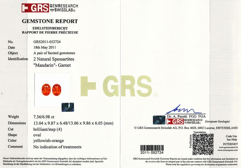 A GRS certificate photo of mandarin garnet 14.34 cts