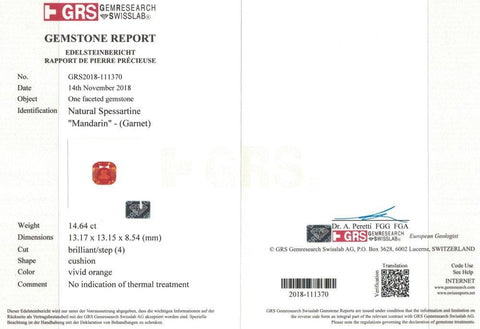 Orange spessartite certificate