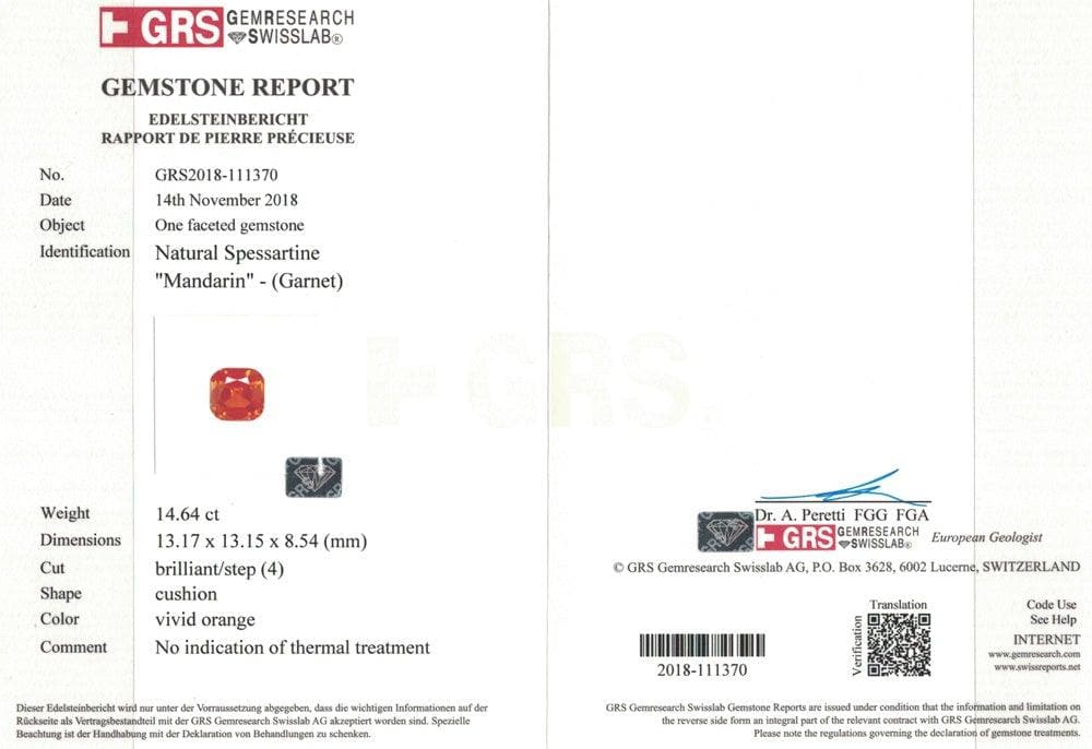 Orange spessartite certificate