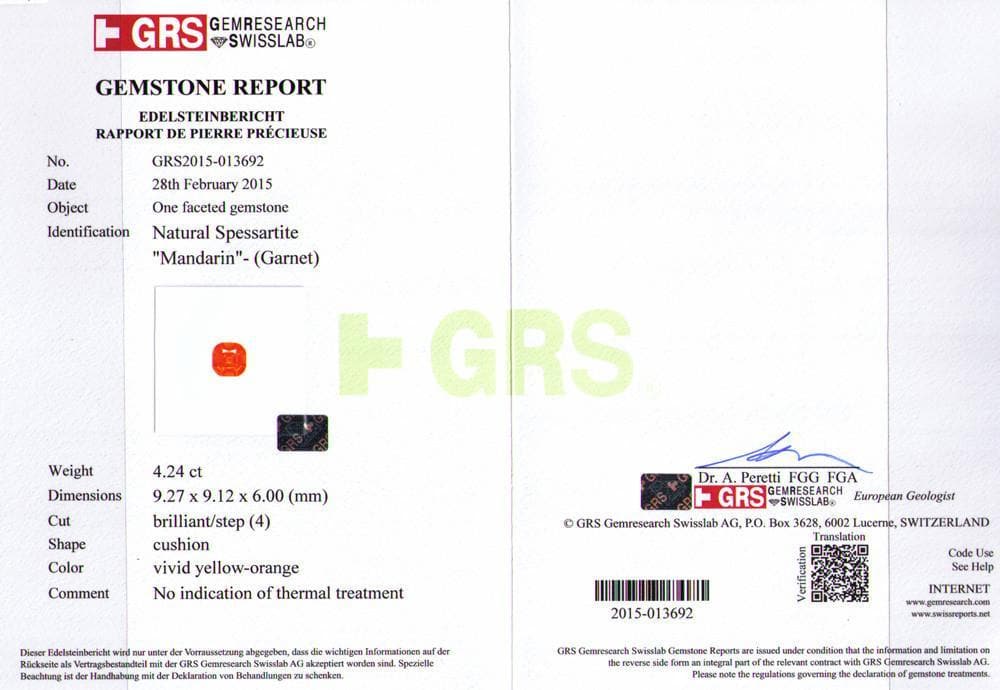 A certificate image of mandarin garnet 4.24 cts