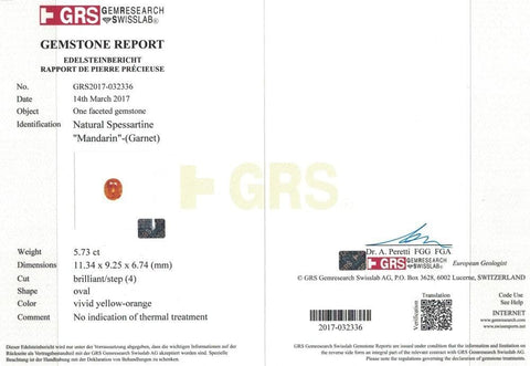 Photo of GRS certificate of 5.73 cts mandarin garnet