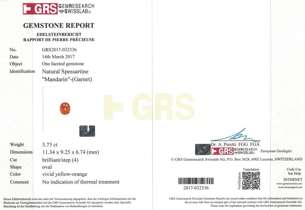 Photo of GRS certificate of 5.73 cts mandarin garnet