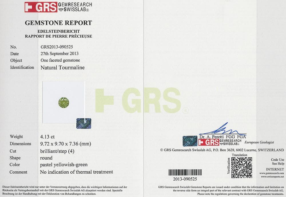 GRS certificate of 4.13 cts green tourmaline