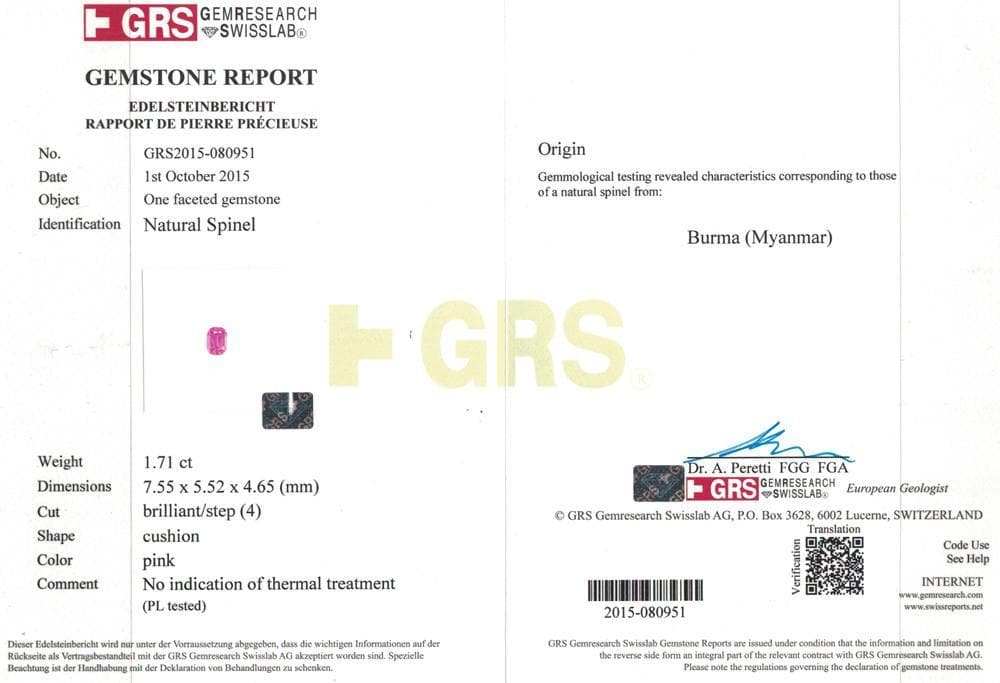 GRS certificate of pink spinel 1.71 cts