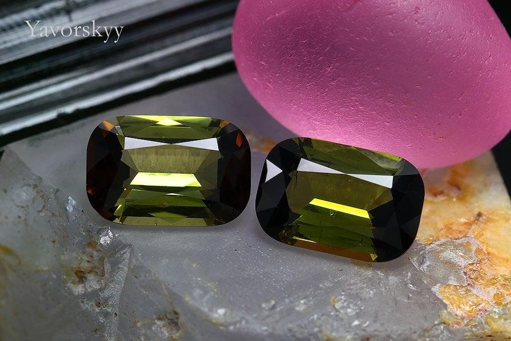 Match pair of olive tourmaline cushion 3.32 cts front view picture