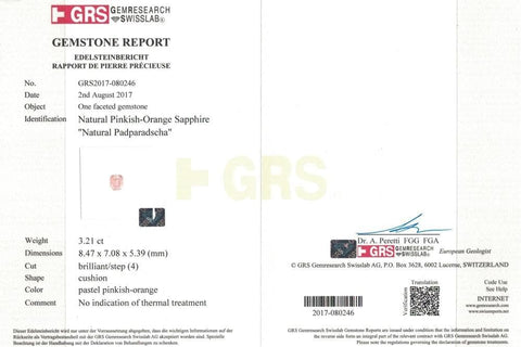 The photo certificate of pink padparadscha 3.21 cts