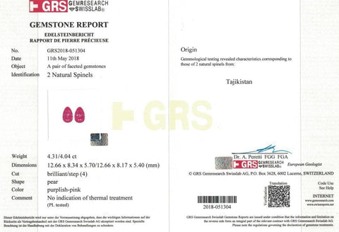 A GRS certificate picture of 8.35 cts spinel