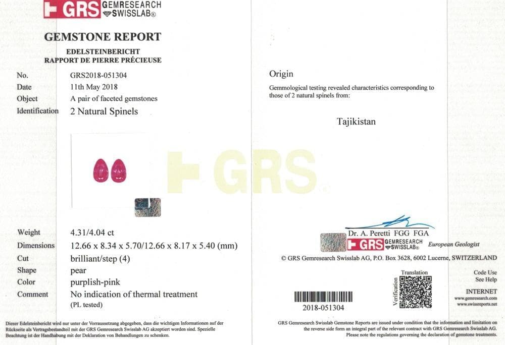 A GRS certificate picture of 8.35 cts spinel