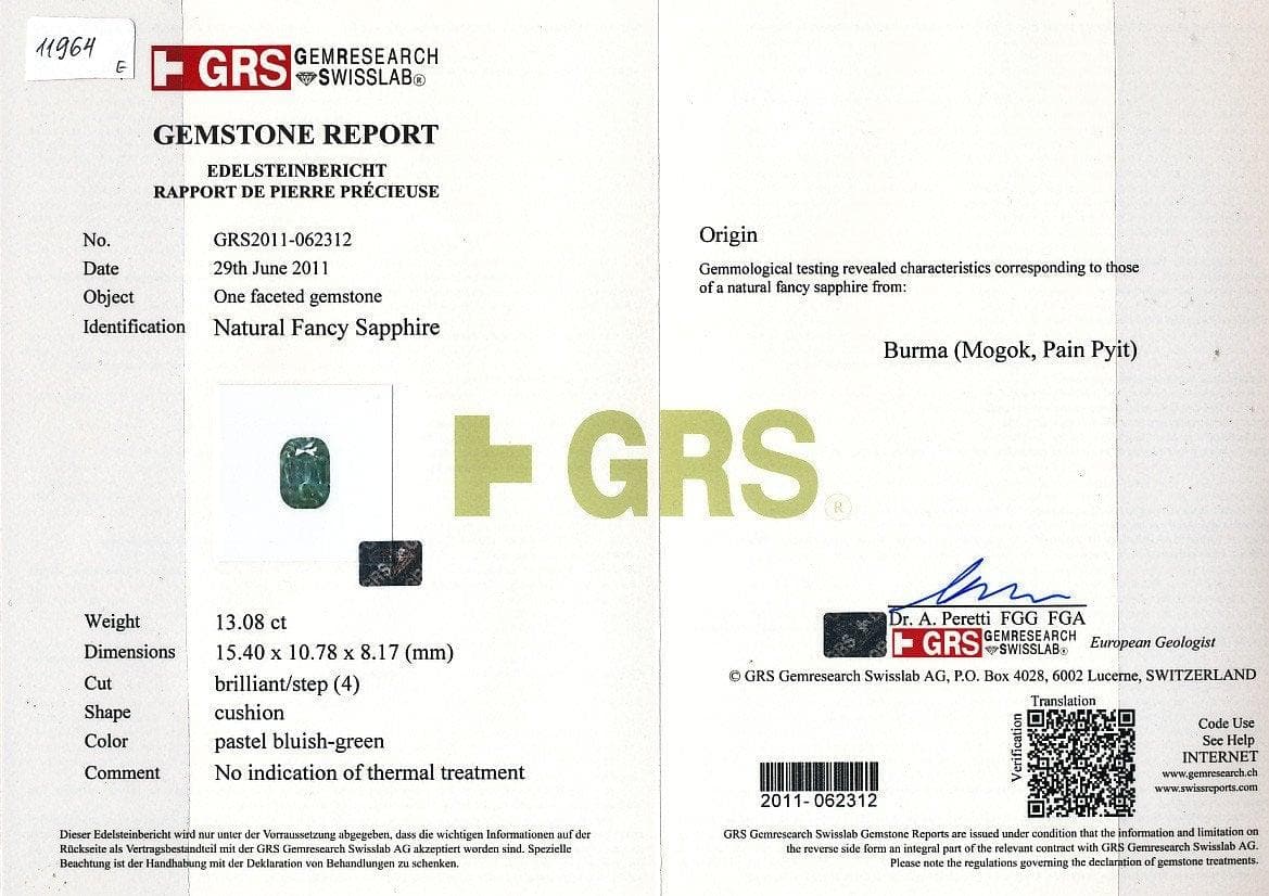 Sapphire 13.08 cts certificate