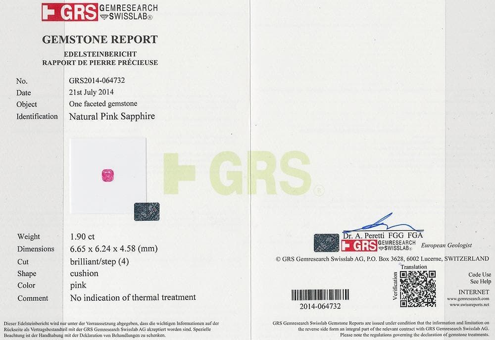 1.9 cts red sapphire GRS certificate