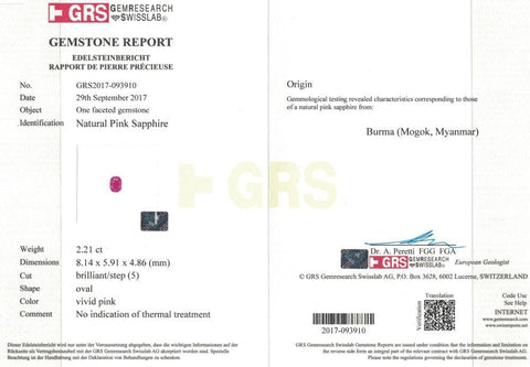 A certificate image of 2.21 cts pink sapphire