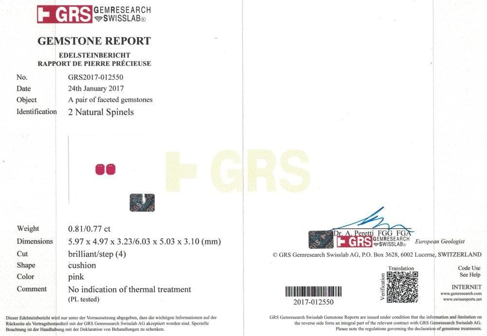 GRS certificate of 1.58 cts spinel