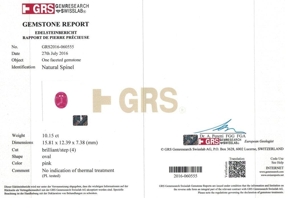Pink spinel 10.15 Cts GRS