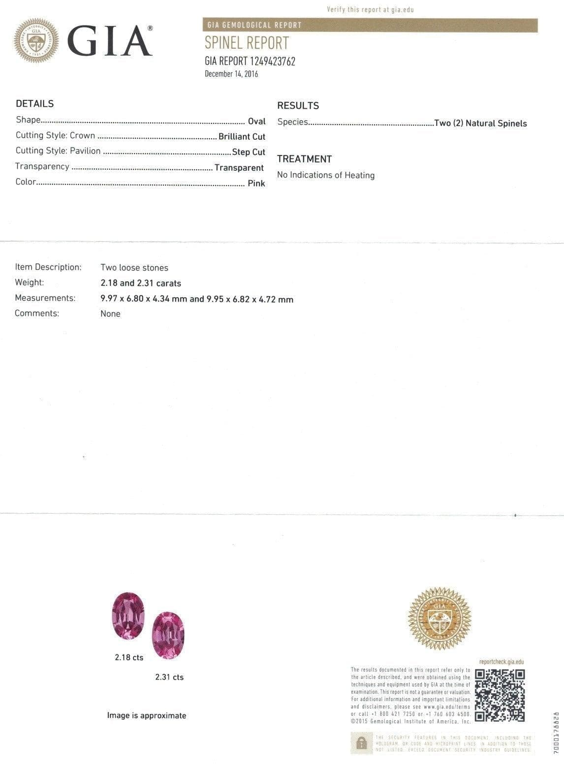 Photo of GIA certificate of pink spinel 4.49 cts