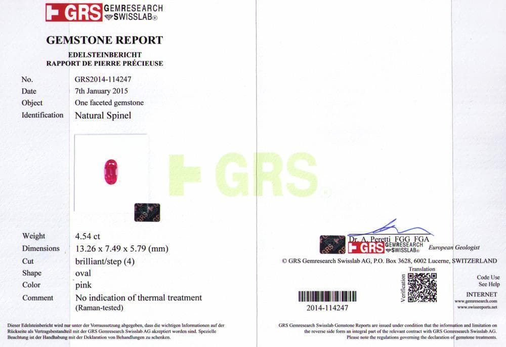 A certificate image of spinel 4.54 cts