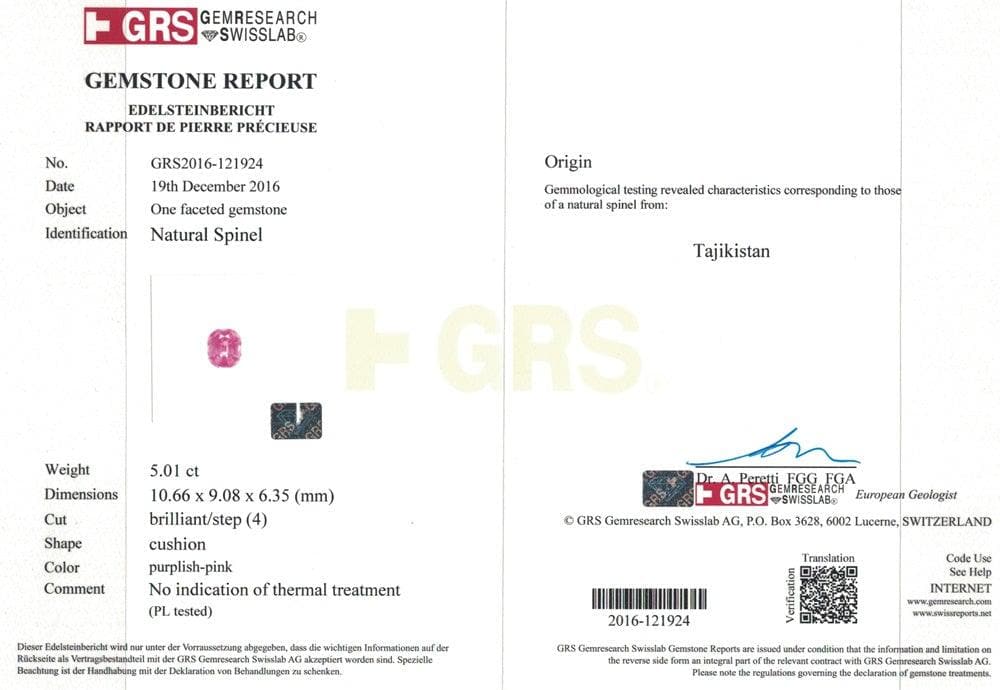 GRS certificate pink spinel 5.01 Cts