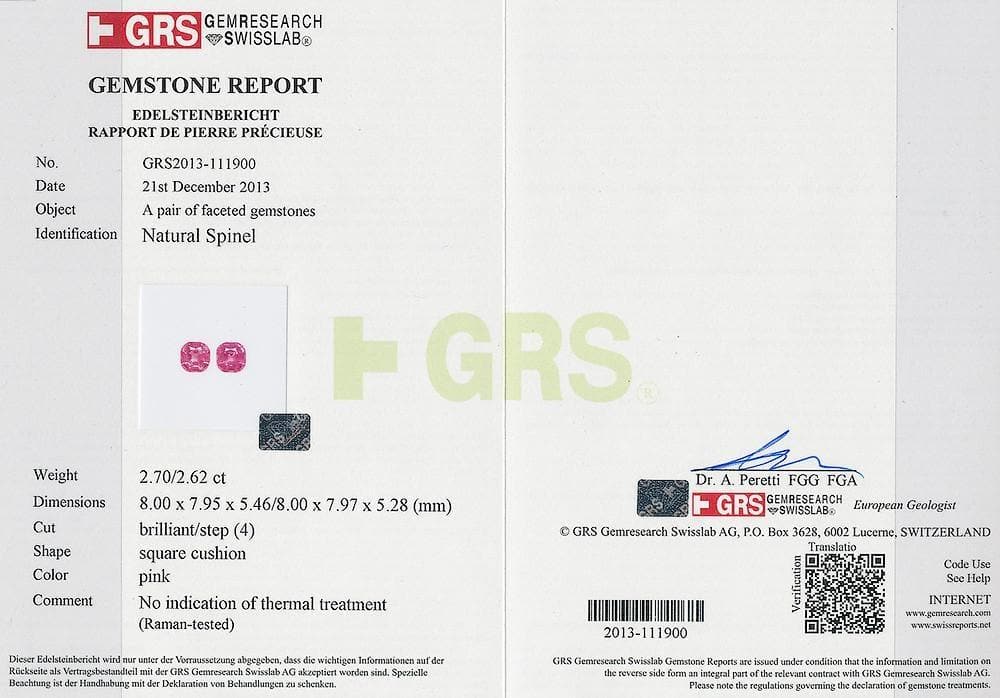 The GRS certificate picture of pink spinel 5.32 cts