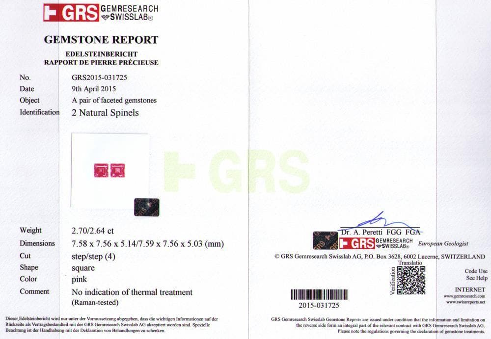 A certificate photo of 5.34 cts spinel