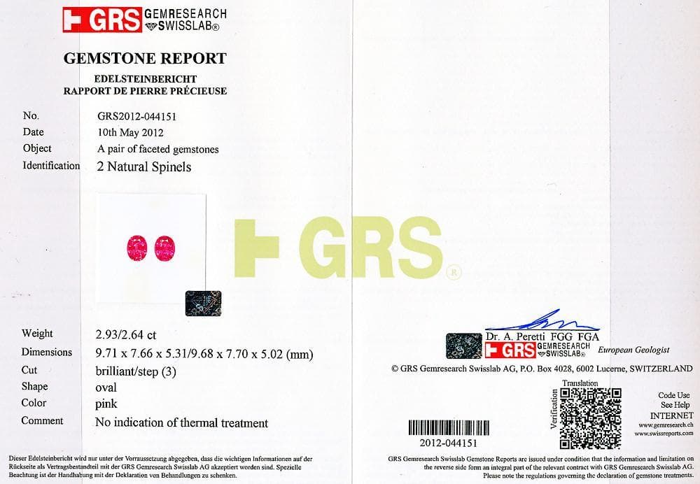 GRS certificate of 5.57 cts pink spinel