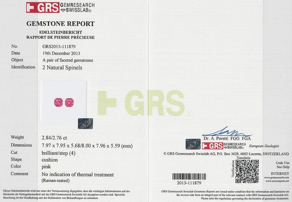 The GRS certificate photo of spinel 5.6 cts