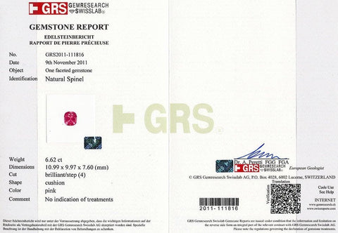 GRS certificate pink spinel 6.62 Cts