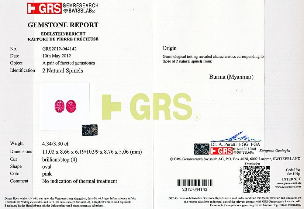 The photo certificate of pink spinel 7.64 cts