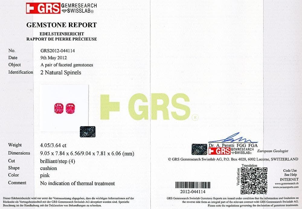 7.69 cts pink spinel GRS certificate