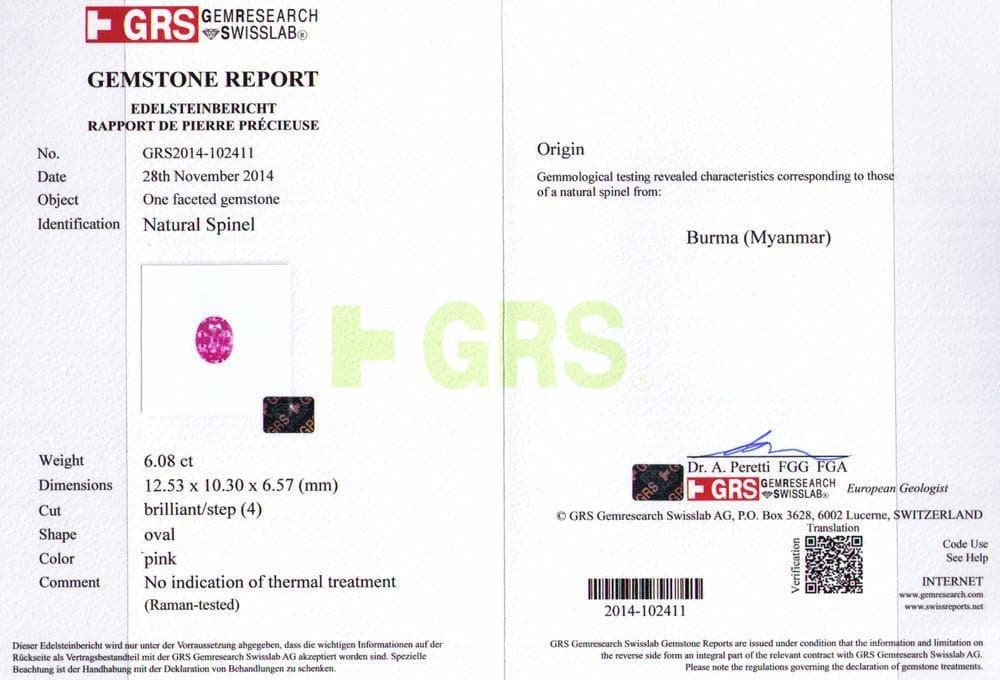 Photo of GRS certificate of spinel 6.08 cts